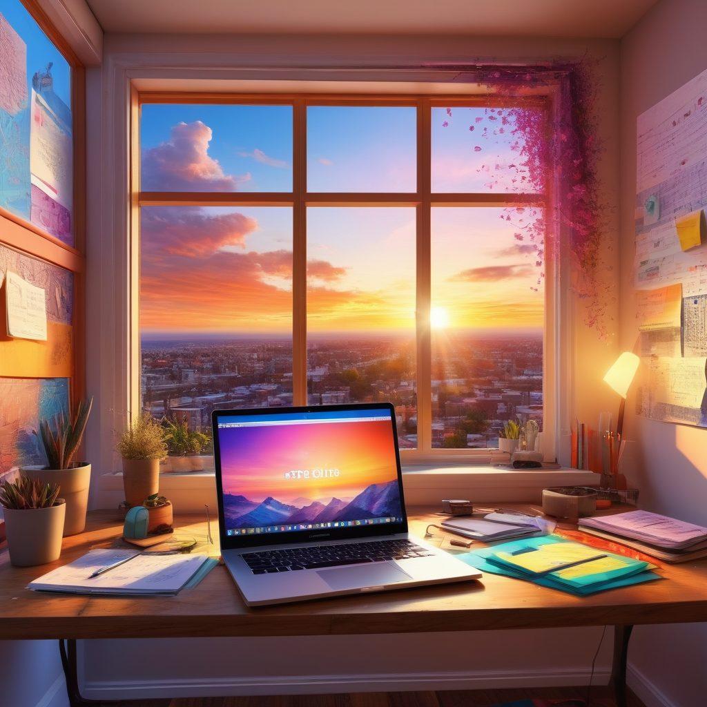 A vibrant workspace adorned with intricate digital art pieces, featuring a glowing laptop, colorful brainstorming notes scattered around, and a large window showing a sunrise casting warm light. Include elements of innovation like sketches and bold, inspiring quotes on the wall, inviting creativity. super-realistic. vibrant colors. 3D.