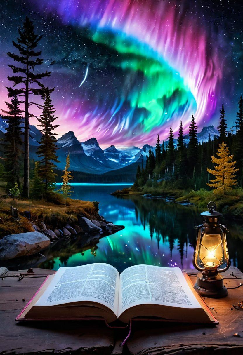 An enchanting, ethereal landscape showcasing an open book surrounded by colorful auroras dancing in the night sky. Wisps of creative ideas, like glowing light bulbs, float above the book, signifying inspiration. On one side, a quill pen and inkpot lie beside the book, emphasizing the art of writing. The atmosphere should evoke a sense of magic and creativity, inviting writers to explore their potential. vibrant colors. dreamy atmosphere.