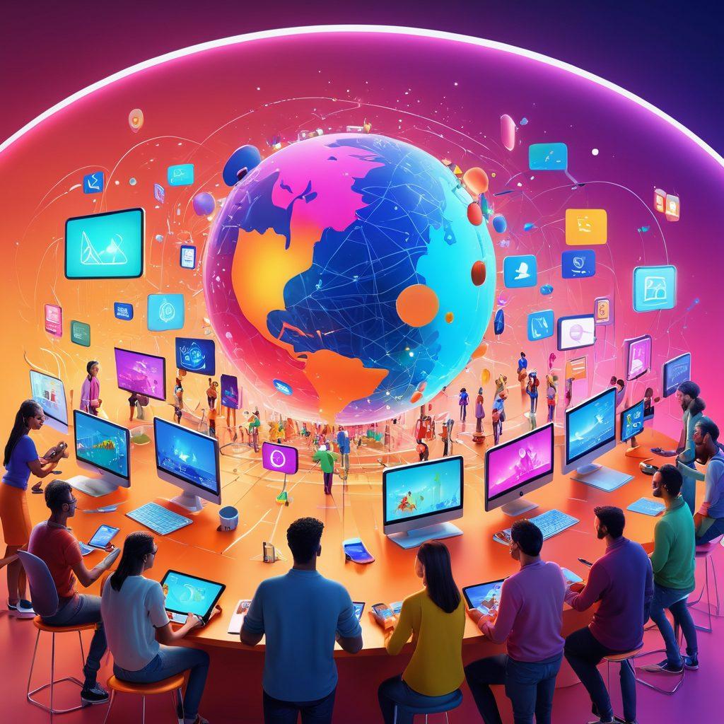 A vibrant digital landscape showcasing a diverse group of people engaging in various activities like learning, discussing, and sharing ideas on modern devices. The scene should include elements that represent technology, community, and creativity, with an aura of excitement and connection. Bright colors and a sense of movement to evoke a lively atmosphere. super-realistic. vibrant colors. 3D.